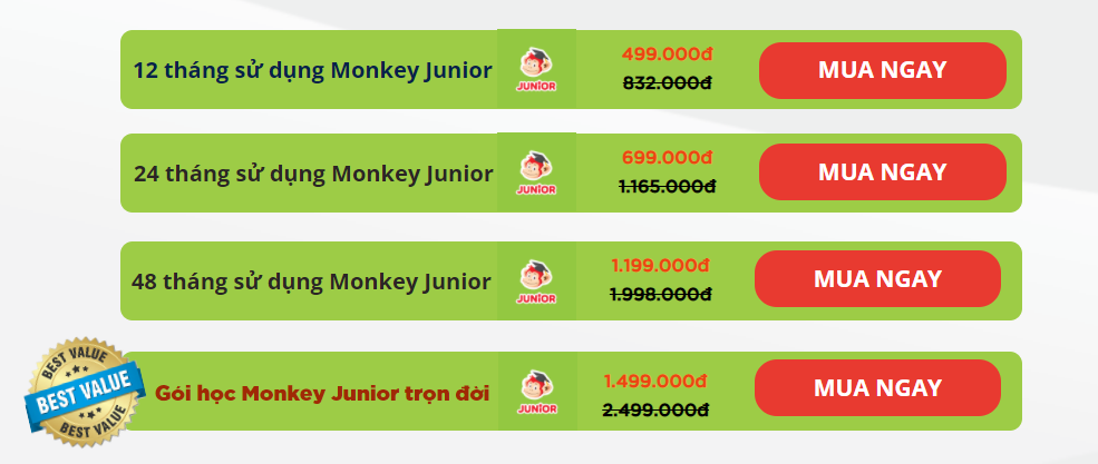 Học phí các khóa học Monkey Junior